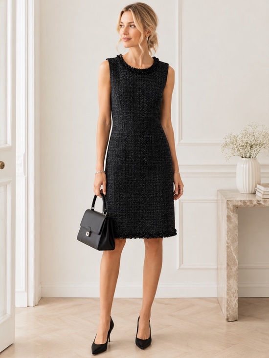 Talbots Dresses & Skirts - Talbots Textured Tweed Sheath Dress
Sleeveless Black Fringe Detail Lined, Size 8